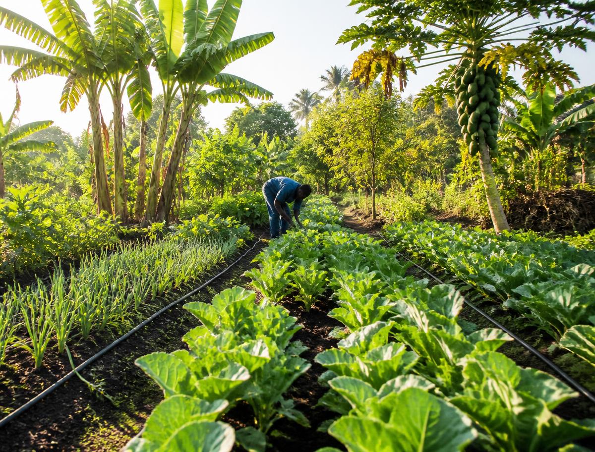 Jardins maraîchers en agro-écologie sous des bananiers et papayers