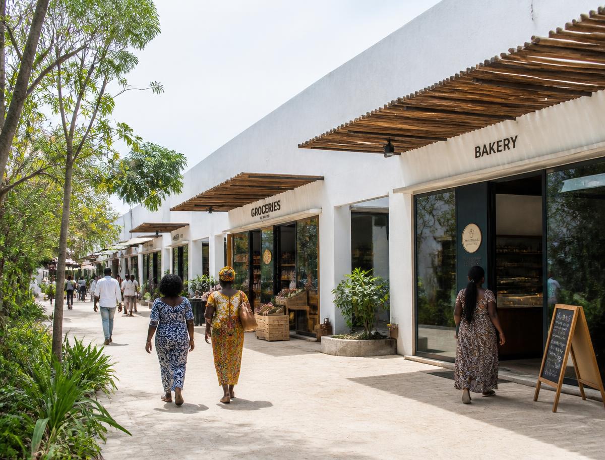 Rue commerçante du village avec épicerie et boulangerie sous auvents en bois