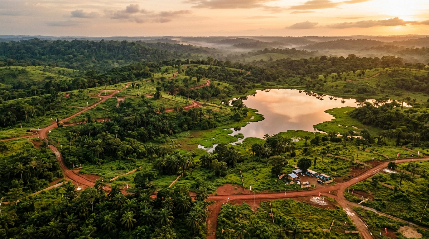 Vue aérienne des 34 hectares de Daloa Green Village, entre collines verdoyantes et lac naturel