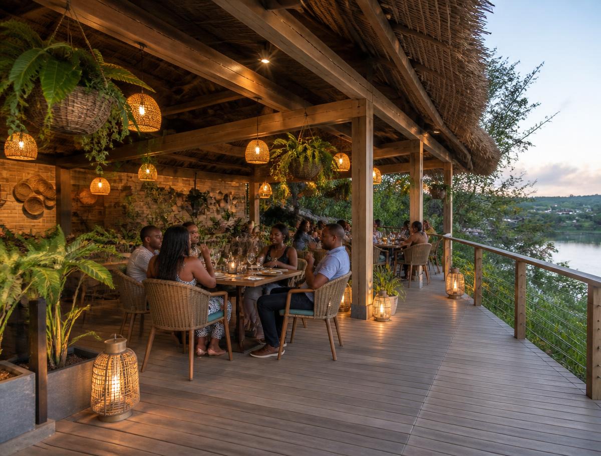Terrasse de restaurant au bord du lac, structure bois et toit de paille, en soirée